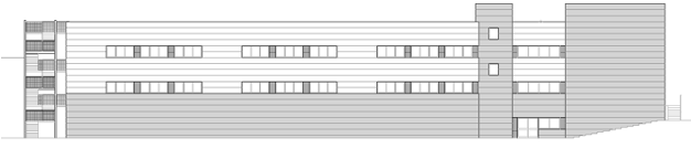 La fachada norte se plantea mediante un conjunto de franjas más estrechas sobre las que se practican las oberturas necesarias en función de los usos interiores. Los volúmenes de escaleras se encuentran retranqueados en fachada norte, siendo el de la zona oeste mayor en una altura previendo la futura ampliación.</p>
<p>El gimnasio se ubica en la zona sur. Se reserva una posición centrada respecto al patio de juegos para el gran porche exterior, que se anexa al gimnasio. En el porche se organiza una zona de graderío, escaleras y rampa para salvar el desnivel y conectar con la cota de la calle existente.<br />
